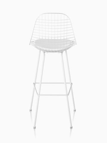 White Eames Wire Stool with a white seat pad, viewed from the rear. 