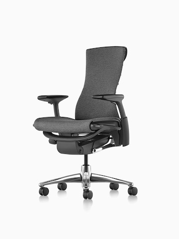 Three-quarters view of a black Embody office chair, showing the front and side.
