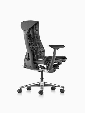 Three-quarters view of a black Embody office chair, showing the back and side.