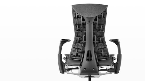 Rear view of a black Embody office chair, showing back support.