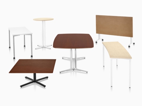 Six Everywhere Tables in a variety of top shapes, base styles, heights, and finishes.