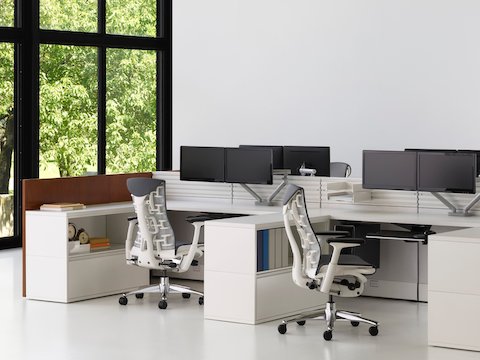A pair of dual surface-mounted Flo Monitor Arms in adjacent workstations featuring black Embody office chairs.