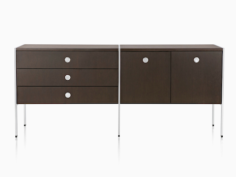 An H Frame Credenza consisting of three drawers and two storage cases.