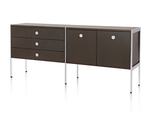 Angled view of an H Frame Credenza consisting of three drawers and two storage cases.