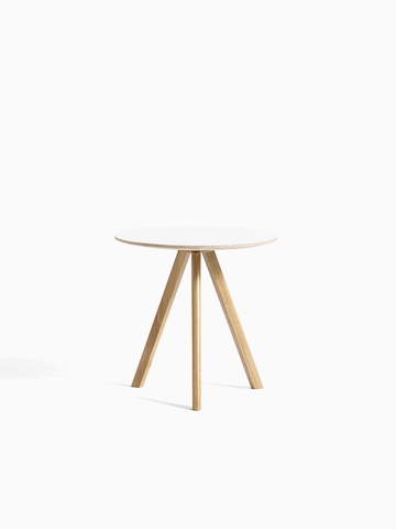 White Copenhague Side Table with wooden legs, viewed from the front.