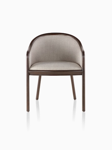 Landmark Chair with taupe upholstery and a dark wood finish, viewed from the front.
