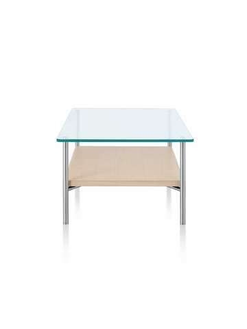 A Layer glass top occasional table with a light wood lower shelf.