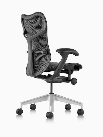 Three-quarter view of a black Mirra 2 office chair, showing the back and side.