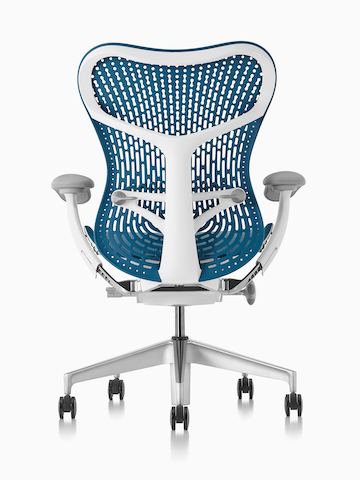 Blue Mirra 2 office chair, viewed from a 45-degree angle and showing ergonomic controls.