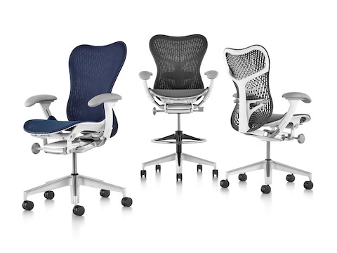 Blue Mirra 2 Chair with Butterfly Back, black Mirra 2 Stool with Butterfly Back, gray Mirra 2 Chair with TriFlex Back.