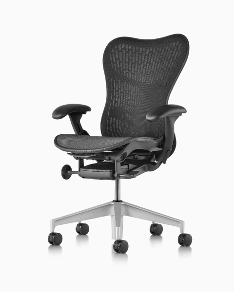 Black Mirra 2 office chair, viewed from a 45-degree angle and showing ergonomic controls.
