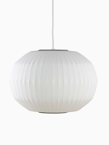 A white hanging lamp. Select to go to the Nelson Angled Sphere Bubble Pendant product page.