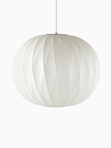 A white hanging lamp. Select to go to the Nelson Ball CrissCross Bubble Pendant product page.