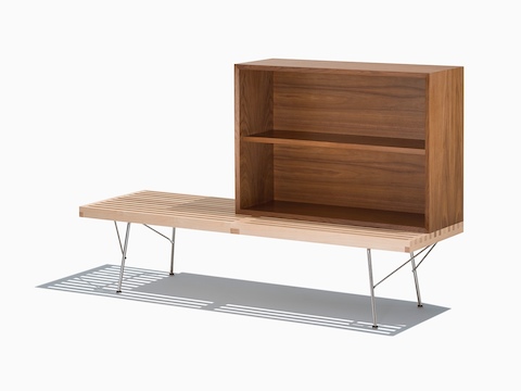 A Nelson Basic Cabinet Series open storage module with shelf sits atop a Nelson Platform Bench. 