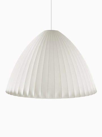 A white hanging lamp. Select to go to the Nelson Bell Bubble Pendant product page.
