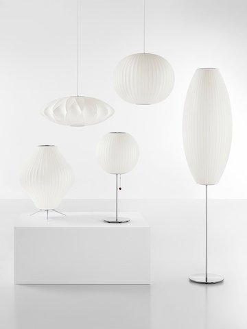 Five Nelson Bubble Lamps, including Pendant, Tripod, Table, and Floor models.