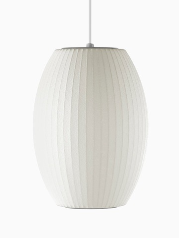 A white hanging lamp. Select to go to the Nelson Cigar Bubble Pendant product page.