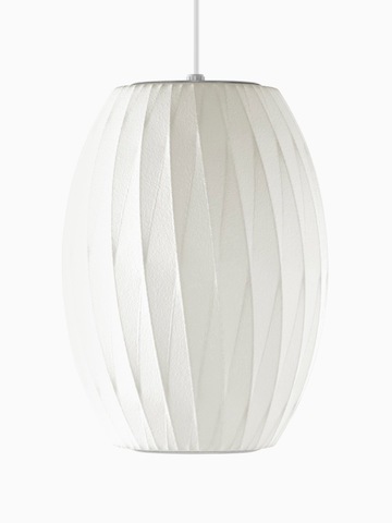 A white hanging lamp. Select to go to the Nelson Cigar CrissCross Bubble Pendant product page.