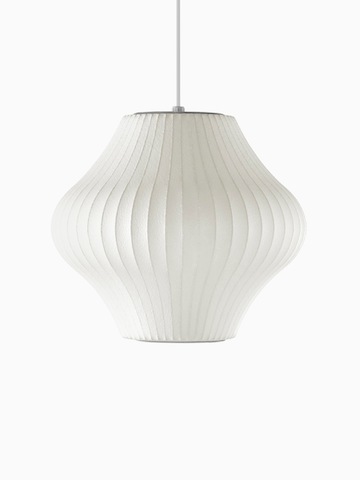 A white hanging lamp. Select to go to the Nelson Pear Bubble Pendant product page.