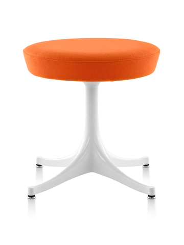 Nelson Pedestal Stool with an orange upholstered seat and white base. 