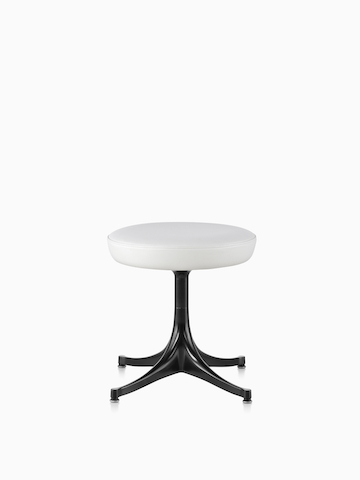White leather Nelson Pedestal Stool with black base. Select to go to the Nelson Pedestal Stool product page.