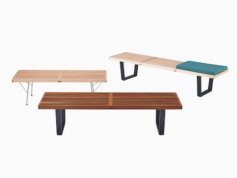 A group of three Nelson Platform Benches with different bases and finishes.