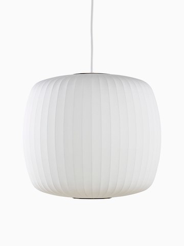 A white hanging lamp. Select to go to the Nelson Roll Bubble Pendant product page.
