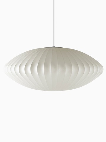A white hanging lamp. Select to go to the Nelson Saucer Bubble Pendant product page.