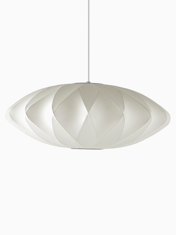 A white hanging lamp. Select to go to the Nelson Saucer CrissCross Bubble Pendant product page.