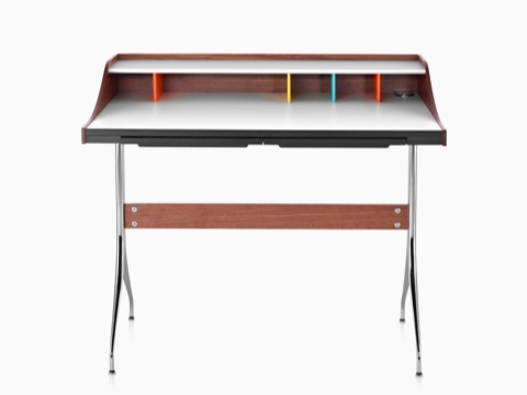 Front view of a Nelson Swag Leg Desk with a white laminate top and colorful cubbyholes.