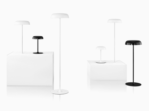 Three Ode Lamps—a white surface-integrated lamp, a black table lamp, and a white floor lamp.