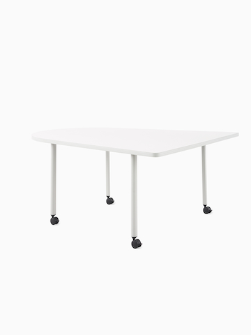An OE1 Huddle Table with white surface and grey legs, viewed from an angle.