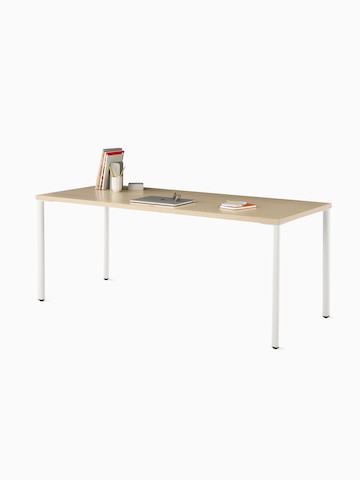 OE1 Rectangular Table with light brown surface and white legs.