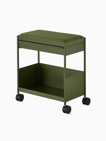 Green, individual OE1 Storage Trolley with casters, viewed from an angle.