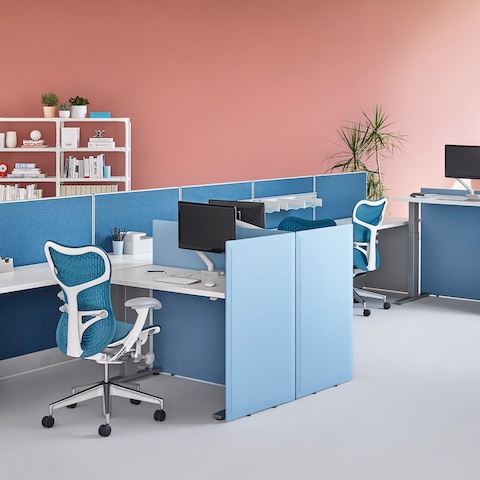 A workspace with Motia standing desks and light blue privacy screens integrated within Action Office System.