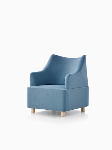 Light blue Plex club chair, viewed from a 45-degree angle.