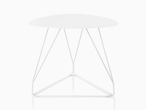 A white Polygon Wire occasional table with a rounded triangular top. 