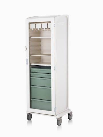Soft white locker on wheel base with keyless lock, catheter racks, shelves, and green drawers, viewed at an angle.