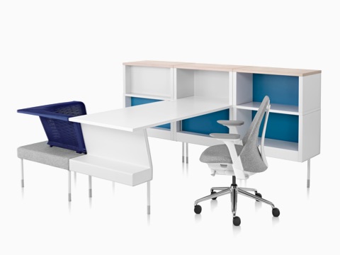 A Public Office Landscape workstation consisting of surface, storage, and seating components.