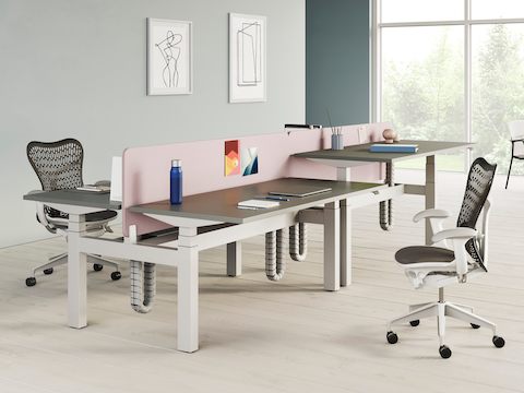 A cluster of four height-adjustable Ratio desks in a light office environment, with grey work surfaces, pink screens and two grey Mirra 2 chairs. A pair of Keyn chairs alongside a Civic table are in the background.