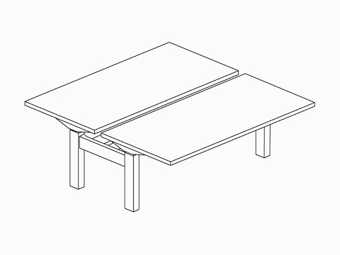 A line drawing of two back-to-back Ratio height-adjustable desks.
