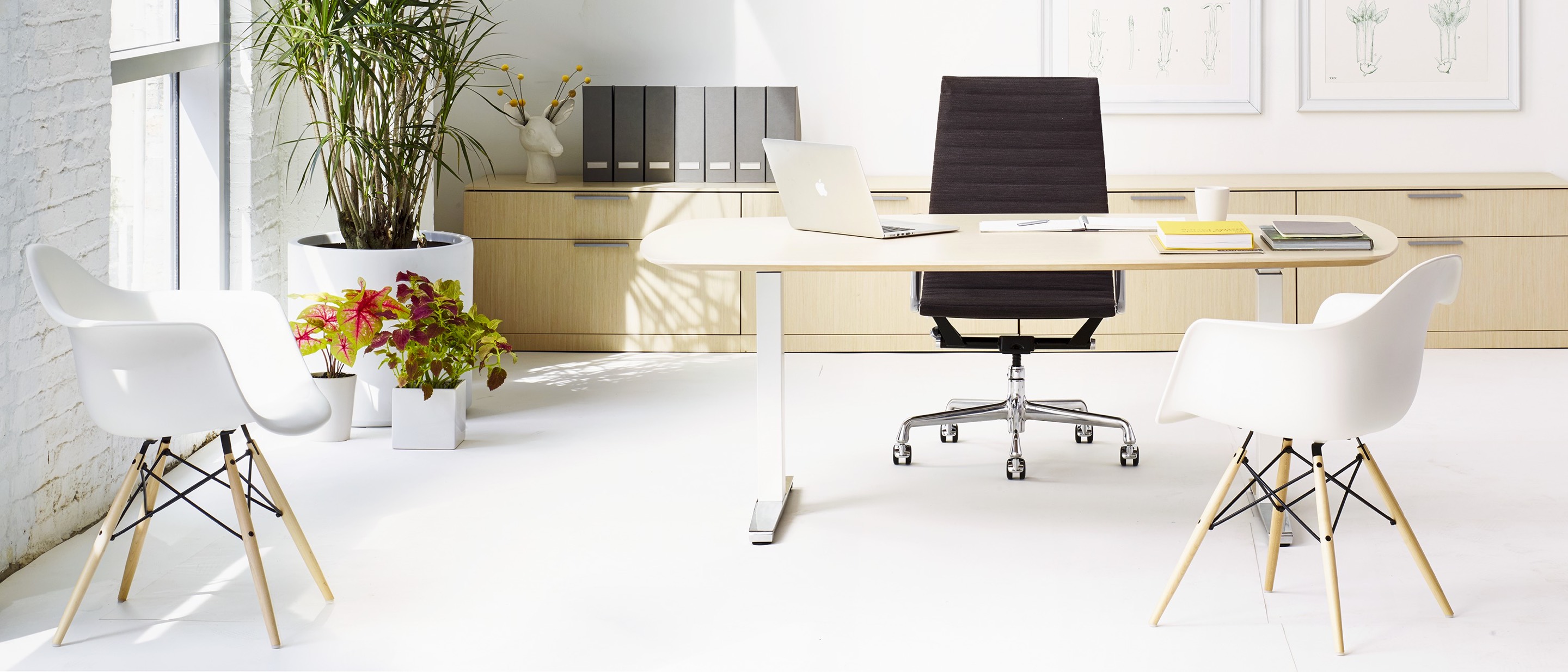 An office featuring an oval Renew Sit-to-Stand Table at a seated height, black Eames Aluminum Group Chair, and two Eames Molded Plastic Armchairs.