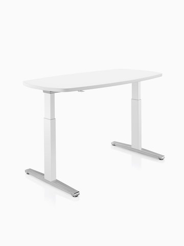 An oval Renew Sit-to-Stand Table with a white top. Select to go to the Renew Sit-to-Stand Tables product page.