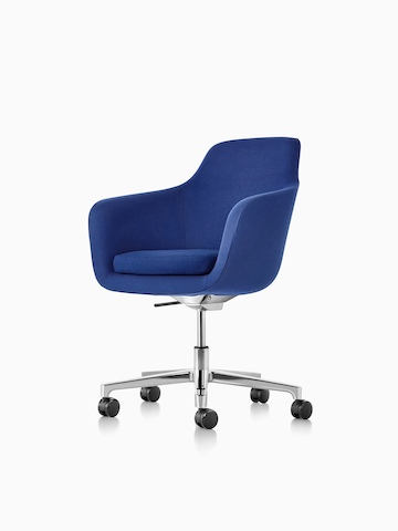 Mid-back Saiba executive chair in blue fabric with a polished five-star base and casters, viewed from a 45-degree angle.