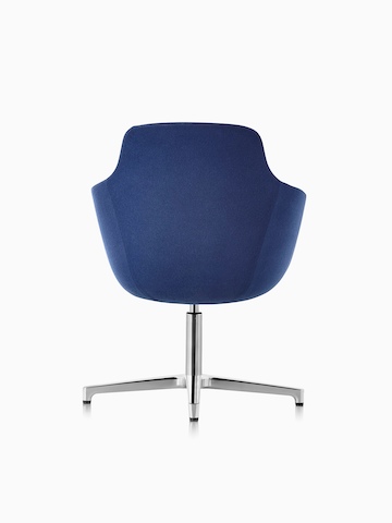 Mid-back Saiba lounge chair in blue fabric with a polished four-star base and glides, viewed from the rear.