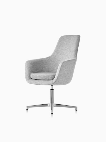 High-back Saiba lounge chair in light gray fabric with a polished four-star base and glides, viewed from a 45-degree angle.