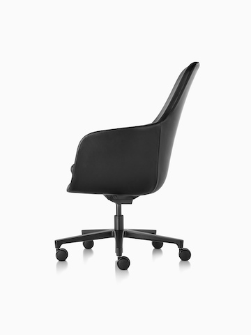 Profile view of a high-back Saiba executive chair in black leather with a black five-star base and casters. 