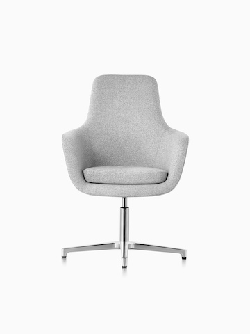 High-back Saiba lounge chair in light gray fabric with a polished four-star base and glides, viewed from the front. 