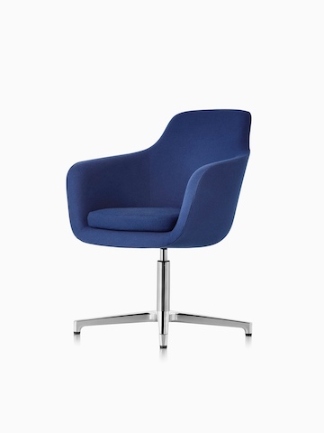 Mid-back Saiba lounge chair in blue fabric with a polished four-star base and glides, viewed from a 45-degree angle.