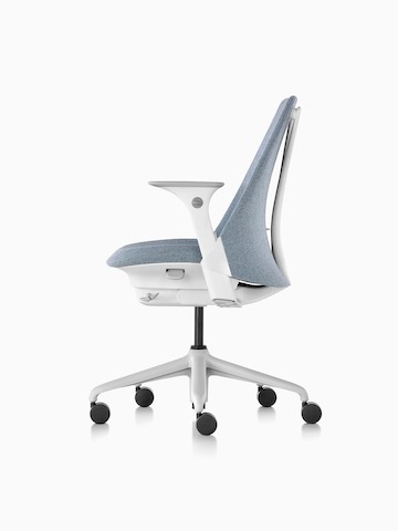 Profile view of a light gray Sayl office chair with an upholstered seat and back. 